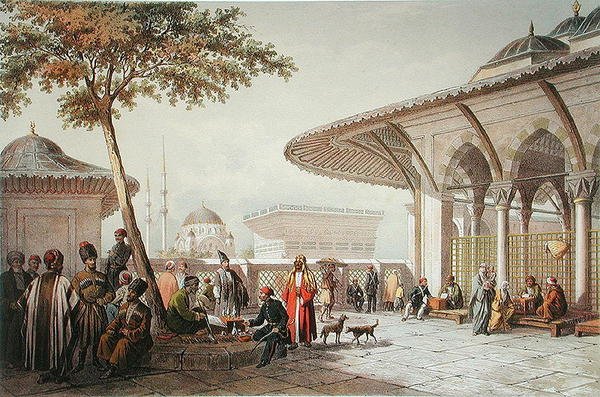 शीर्ष-हानी मस्जिद के आंगन का आंतरिक भाग, 'स्मृति चिन्ह डी कॉन्स्टेंटिनोपल' से चित्रण द्वारा जीन ब्रिंडेसि