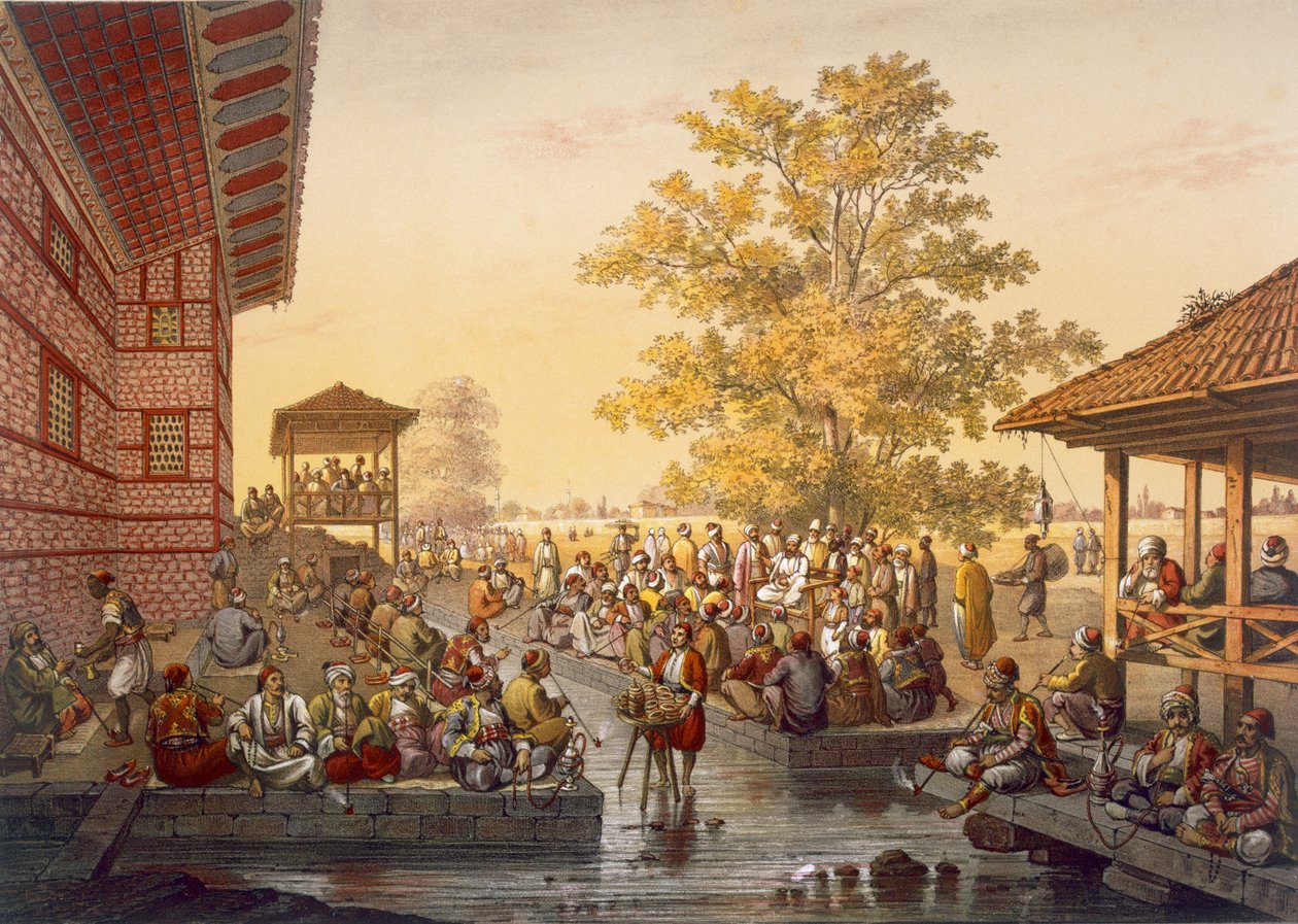 बरसा के पड़ोस में पिनारबासी में आराम का दृश्य। एक कहानी बताने वाला जनता का मनोरंजन करता है, स्मारिका डी कॉन्स्टिनोपल, पब से 1845 द्वारा जीन ब्रिंडेसि