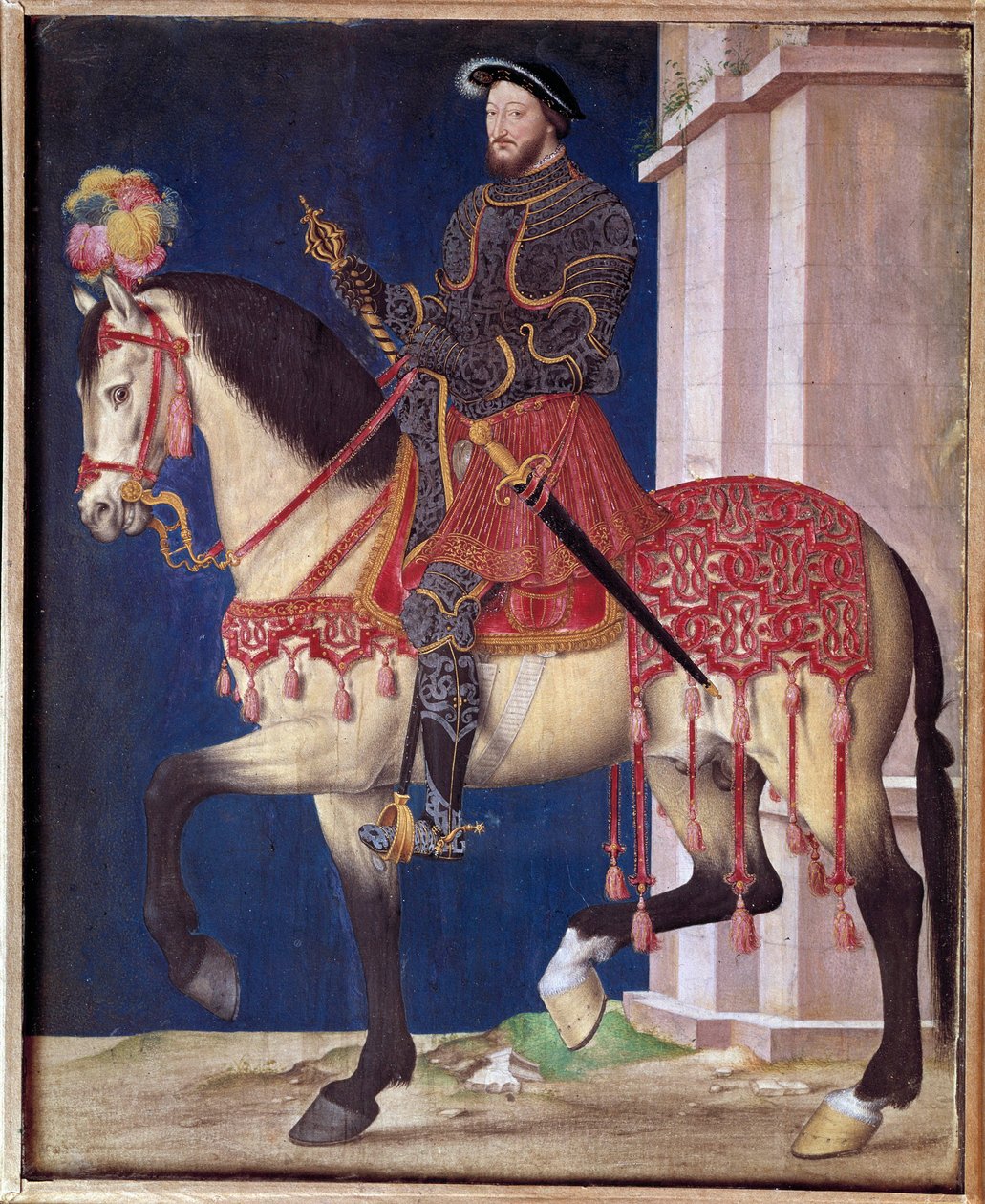 फ्रेंकोइस I (1494-1547) का घुड़सवारी चित्र। जीन क्लोएट के स्कूल की पेंटिंग (1475/1485-1540) द्वारा जीन क्लाउड