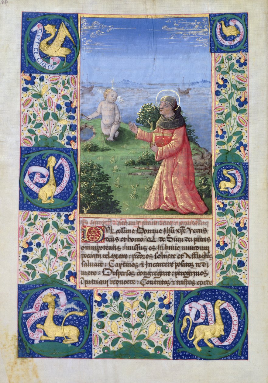 सुश्री लाट। QvI126 f.94v ऑरलियन्स के लुइस (1462-1515) ने लुई चाइल्ड ऑफ बुक डेसवर्लेंस, 1469 की क्राइस्ट चाइल्ड से पहले प्रार्थना की द्वारा जीन कोलम्बे
