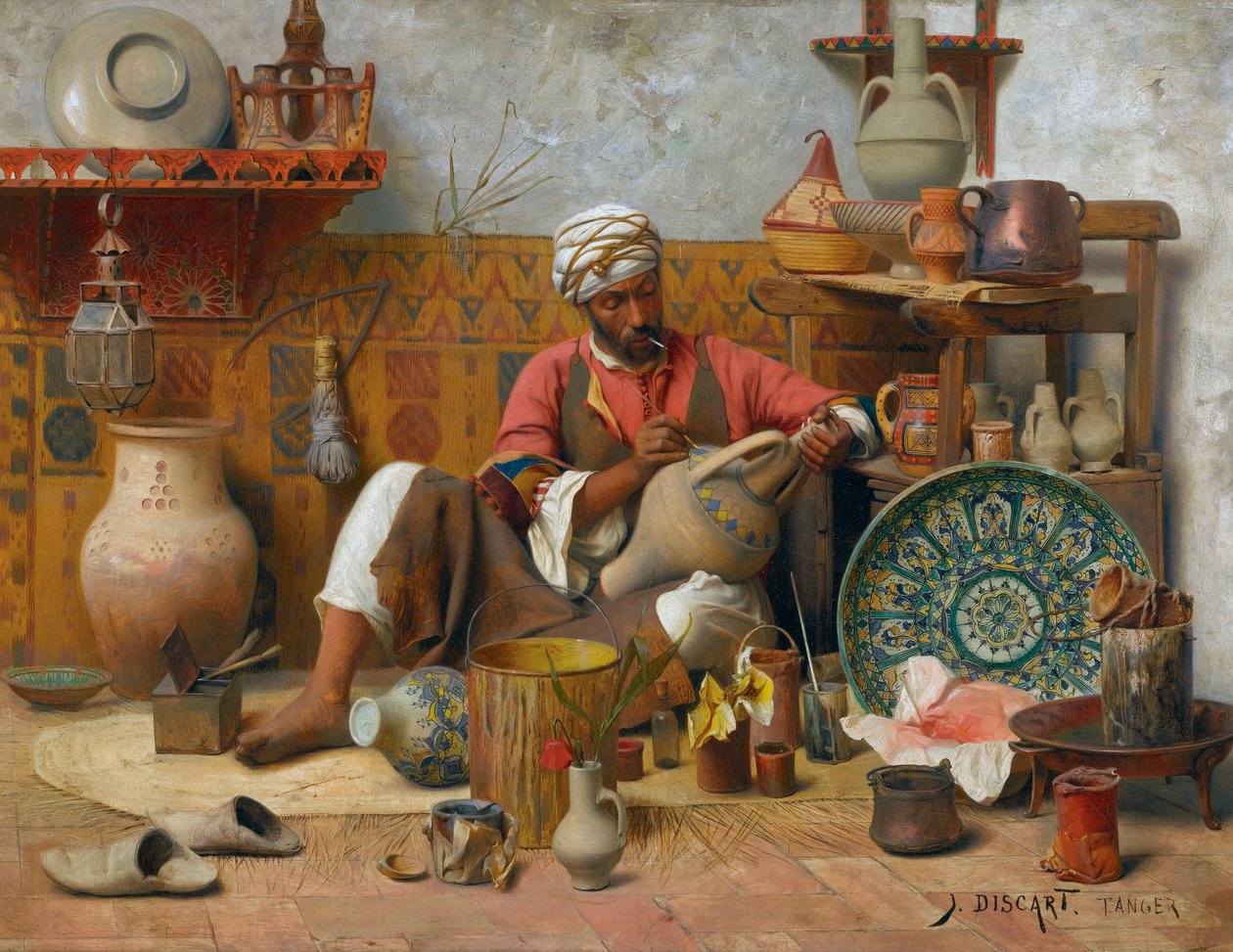 एक मिट्टी के बर्तनों का स्टूडियो, टेंगर - जीन डिस्कर्ट (1856-1944)। लकड़ी पर तेल आयाम: 35 और 545,5 सेमी निजी संग्रह द्वारा जीन डिसर्ट