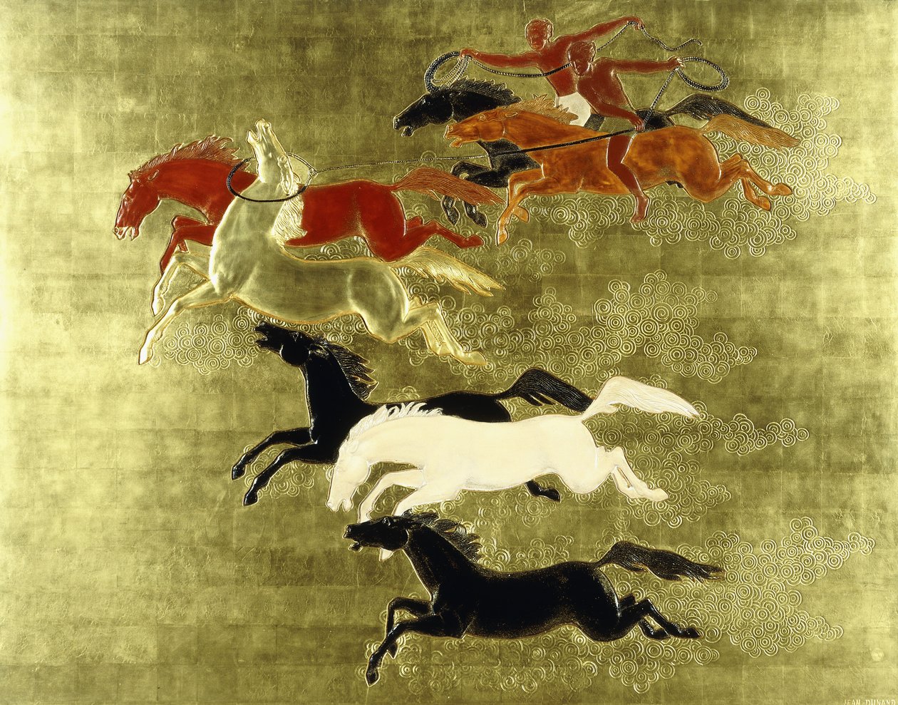 घोड़े की विजय; ला कॉनक्वेट डु चेवाल, c.1934 (एक लैक्क्विर्ड और गिल्ड्ड पैनल) द्वारा जीन डुनंड