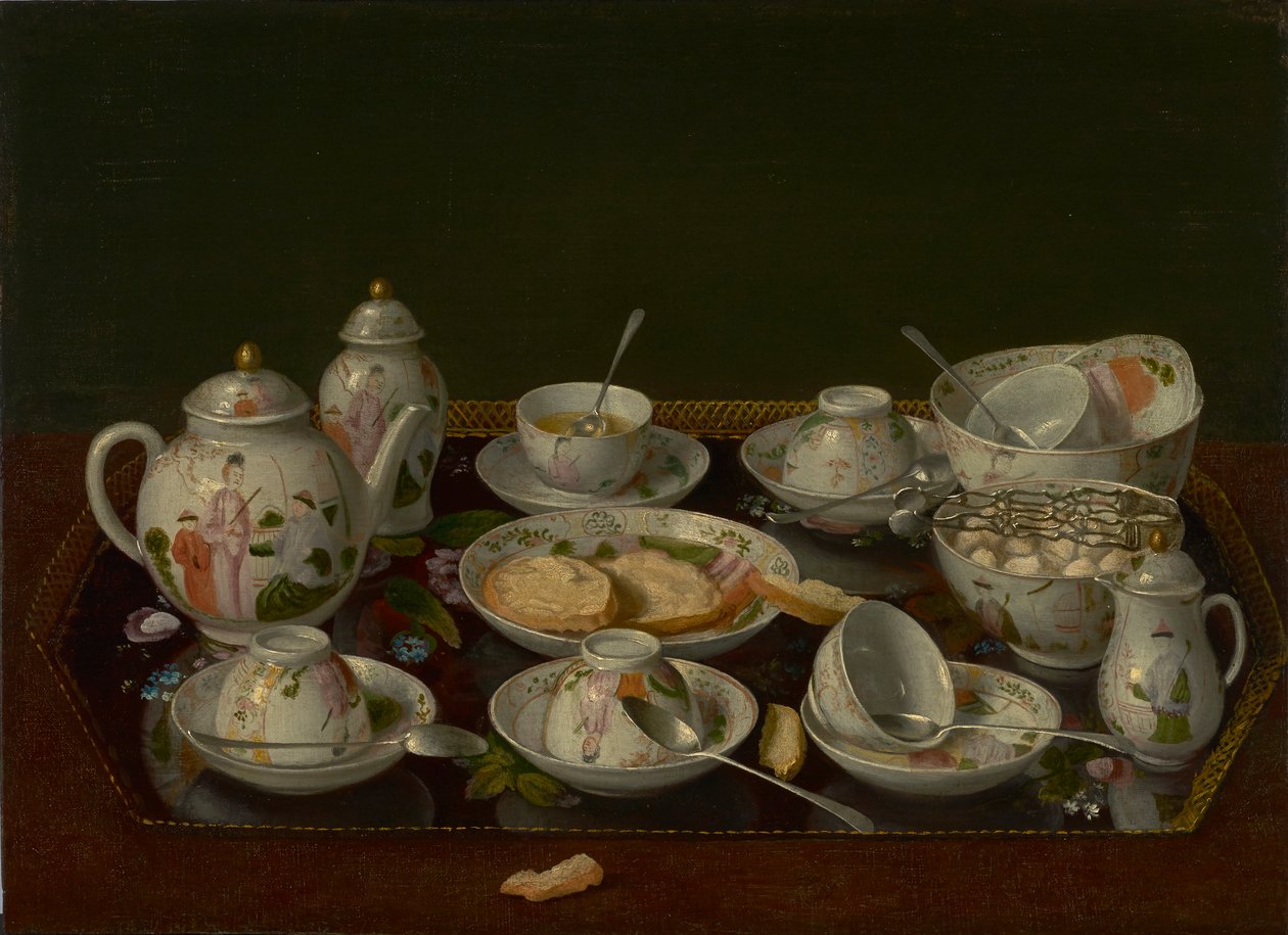 स्टिल लाइफ: टी सेट, c.1781-3 (बोर्ड पर चढ़ा कैनवास पर तेल) द्वारा जीन ऑटिने लिओटार्ड