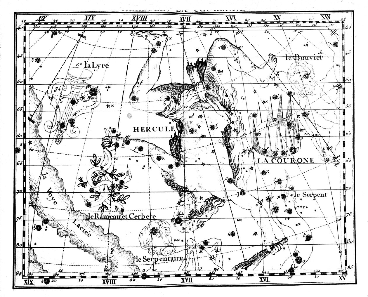 खगोलीय नक्शा, हरक्यूलिस के तारामंडल पर केंद्रित, 1775 द्वारा जीन फोर्टिन