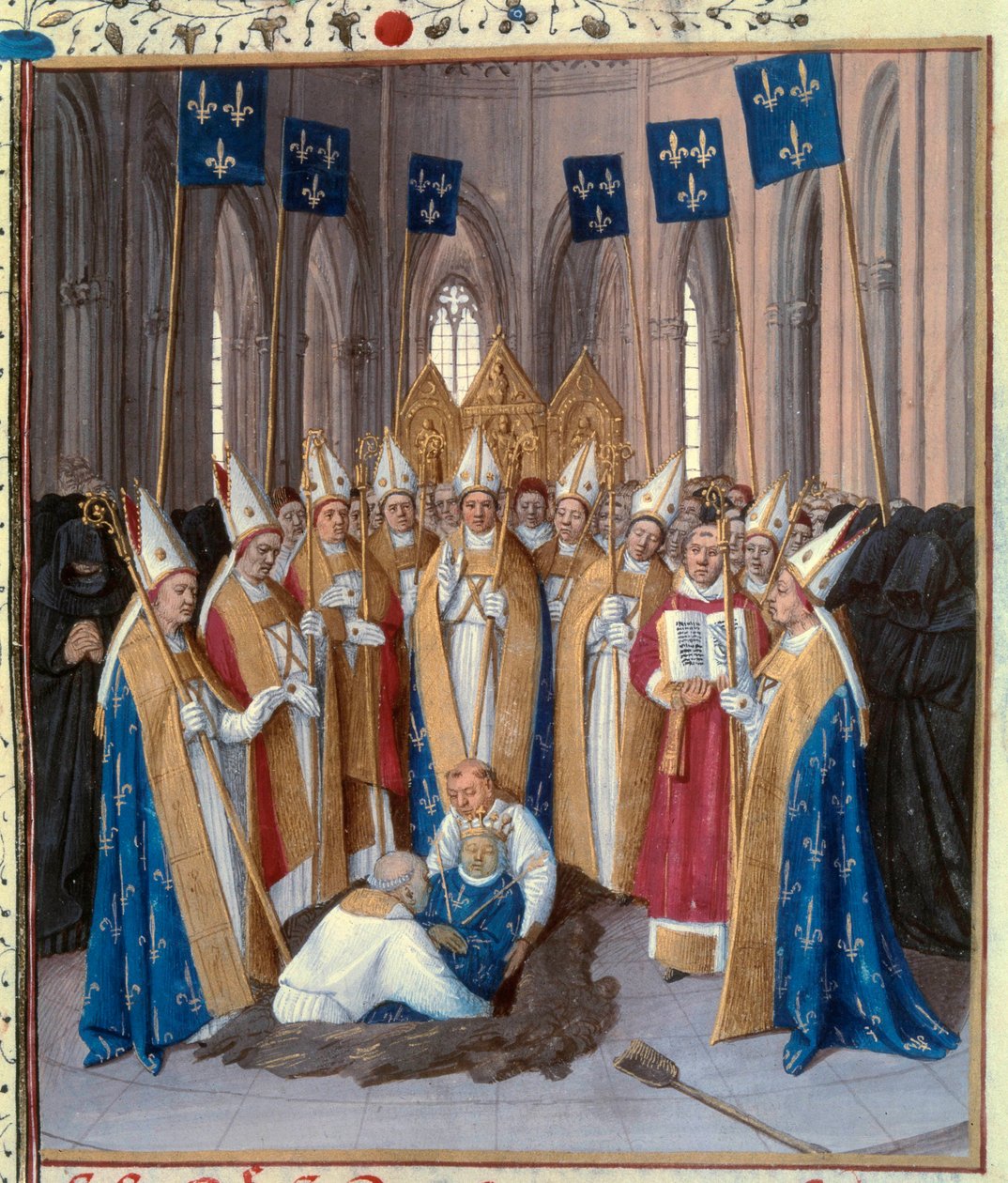 बेसिलिका सेंट डेनिस मिनिएचर में किंग फिलिप IV द बेल (1268-1314) का दफन "द क्रॉनिकल्स ऑफ सेंट डेनिस" से लिया गया है, जो जीन फौक्वेट (1420-1481) 15 वीं शताब्दी द्वारा किया गया था। पेरिस, बीएन द्वारा जीन फौक्वेट