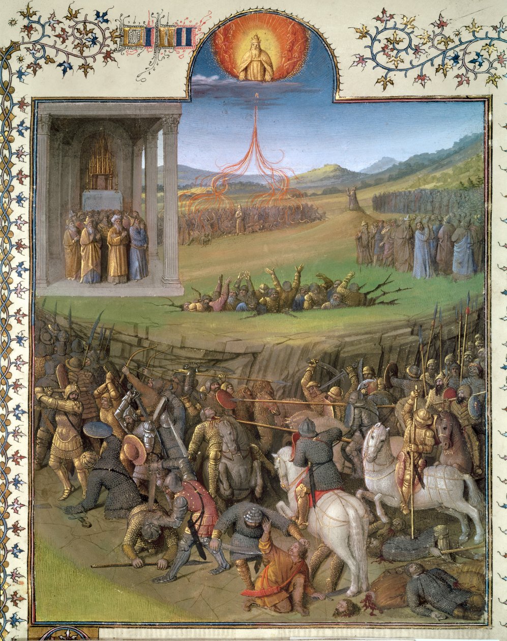 सुश्री फ्राँ 247 f.70 इब्रानियों की कनानियों और कोरा के विद्रोह और विद्रोहियों के खिलाफ लड़ाई, &39;एंटीकाइट्स जुदाईज़&39; से चित्रण, c.1470 द्वारा जीन फौक्वेट