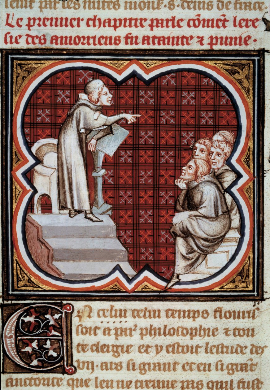 फ्रांसीसी दार्शनिक और धर्मशास्त्री Amaury de Chartres (या Amaury de Bene या Amalricus de Bene) (मृत्यु 1209) अपने शिष्यों (Amaurisians) के सामने। लेस ग्रैंड्स क्रॉनिकल्स डी फ्रांस से लघु"" जीन फॉक्वेट द्वारा प्रकाशित (1420-1481) द्वारा जीन फौक्वेट