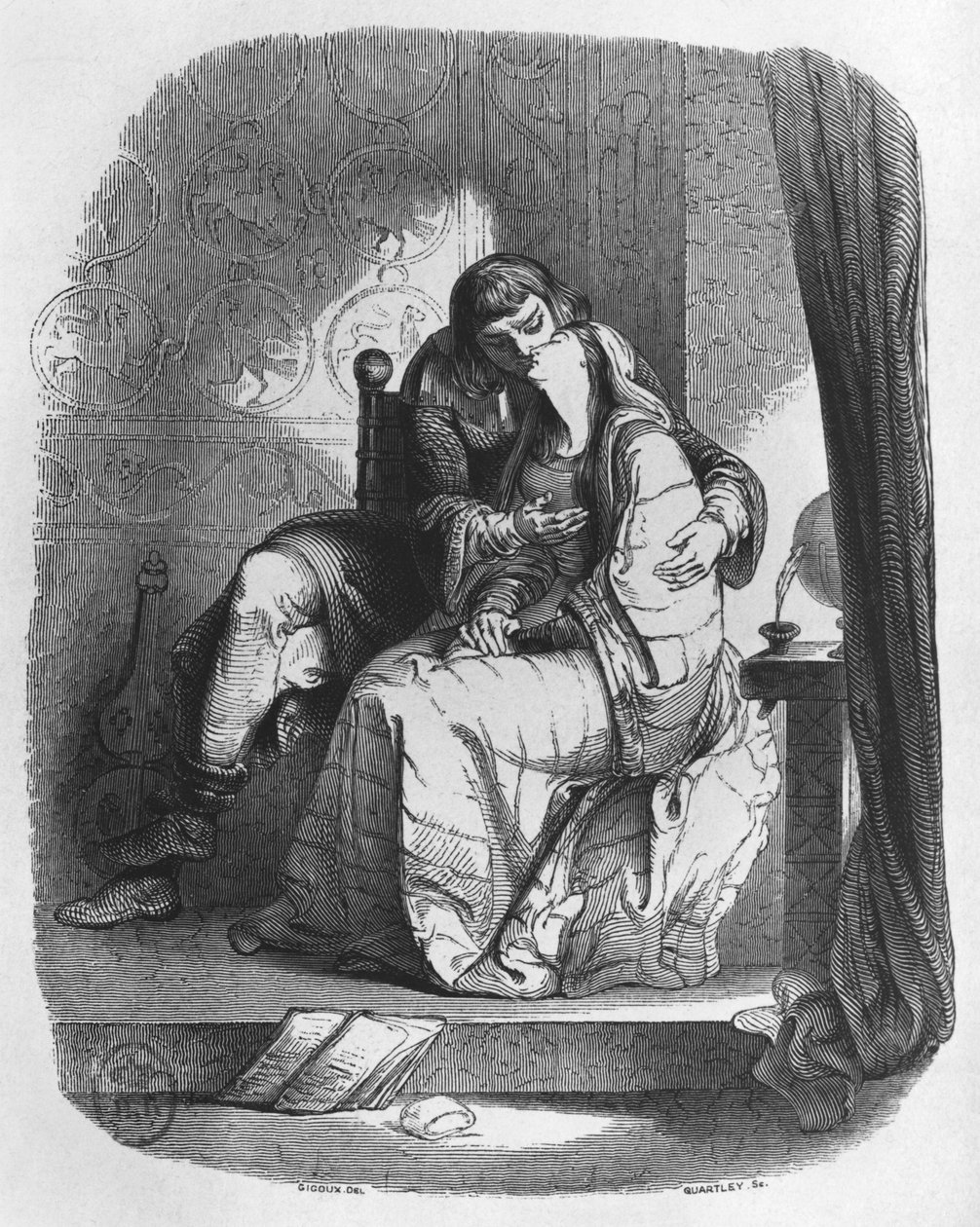 हेलोज़ और एबेलार्ड चुंबन, &39;लेट्रेस डी हेलोइस एट डी&39;अबेलार्ड&39;, 1839 से चित्रण द्वारा जीन फ्रेंकोइस गिगौक्स