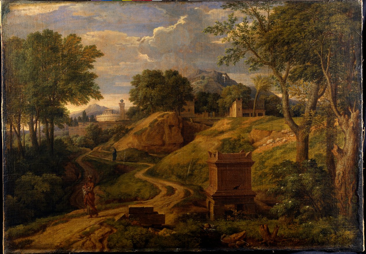 एक बच्चे को ले जाने वाली महिला के साथ शास्त्रीय परिदृश्य, c.1650-75 (कैनवास पर तेल) द्वारा जीन फ्रेंकोइस आई बाजरा
