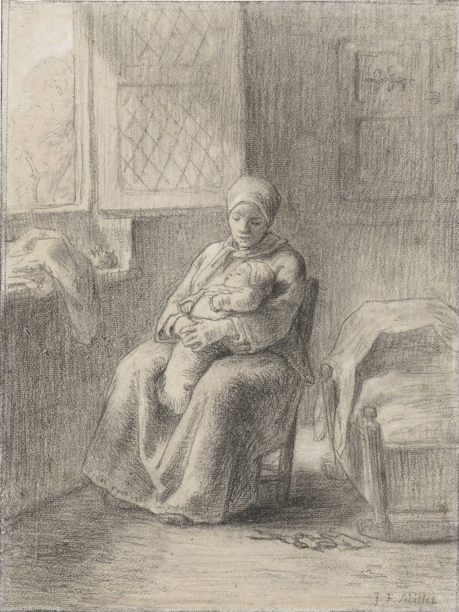 खिड़की से एक बच्चे के साथ बैठा महिला, c.1824-75 (कागज पर चाक) द्वारा जीन फ्रेंकोइस बाजरा