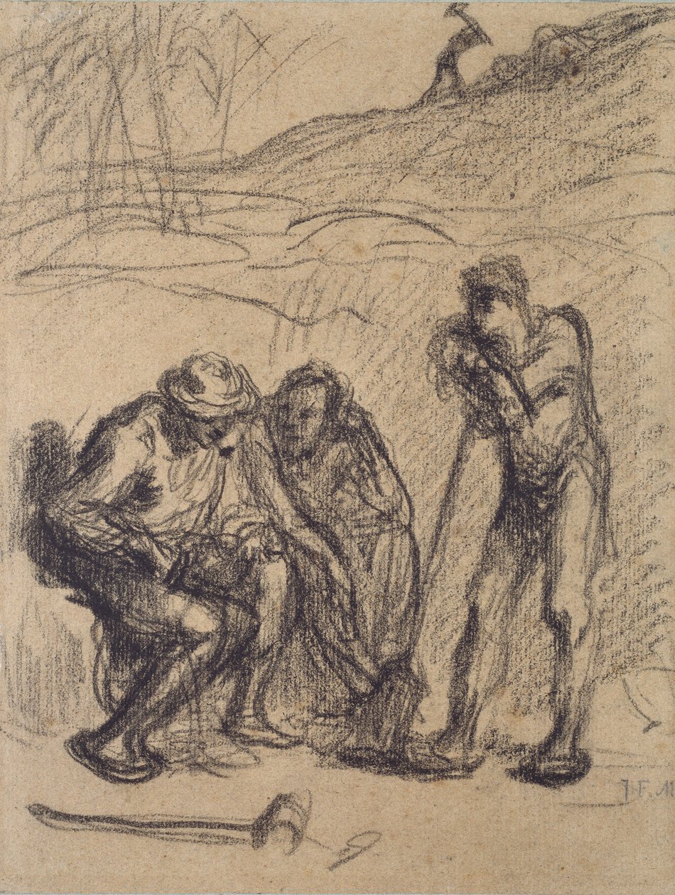 तीन किसान आराम कर रहे हैं, एक कुदाल पर झुक रहा है, c1850-1851 द्वारा जीन फ्रेंकोइस बाजरा