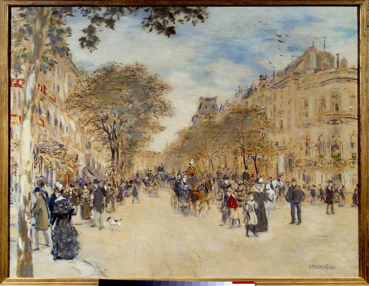 बेले युग: "" पेरिस में हनोवर के मंडप और बुलेवार्ड डेस इटालियंस का दृश्य"" जीन फ्रेंकोइस रैफेली द्वारा पेंटिंग (1850-1924) 20 वीं शताब्दी के सूर्य की शुरुआत। 0,66x0,82 मीटर रूएन, मुसी डेस बीक्स आर्ट्स द्वारा जीन फ्रेंकोइस रैफेली