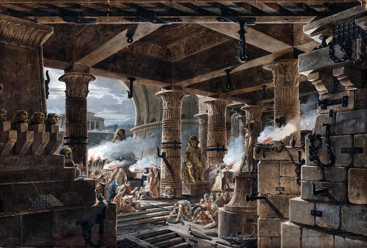 आर्किटेक्चरल फैंटेसी - एक मिस्र के मंदिर का आंतरिक दृश्य, 1803 द्वारा जीन फ्रांस्वा थॉमस डी थॉमन