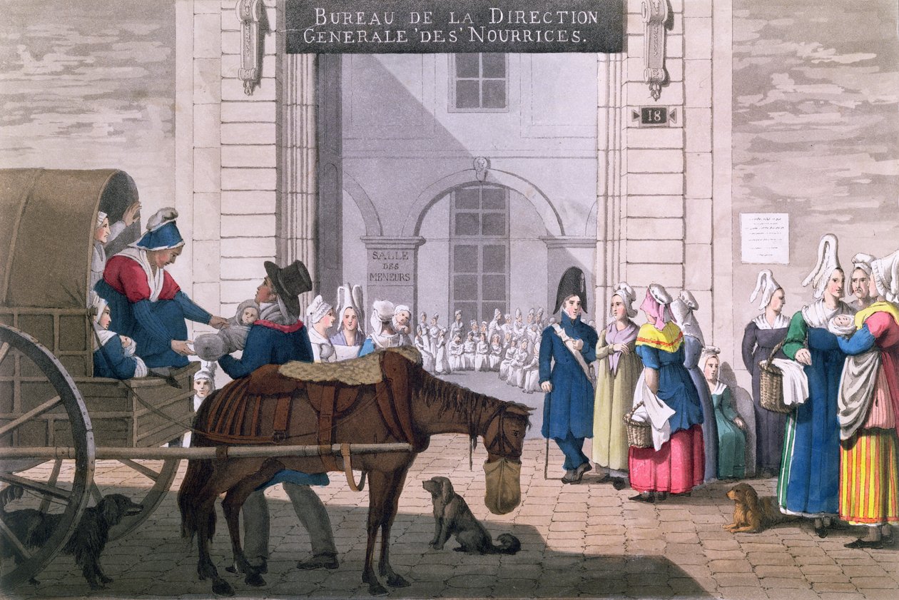 पेरिस में नर्स का कार्यालय, c.1820 (रंग उत्कीर्णन) द्वारा जीन हेनरी मार्लेट