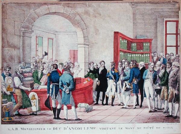लुई-एंटोनी डी'आर्टोइस, ड्यूक ऑफ अंगौलेमे (1775-1844) की पेरिस में 'मोंट डी पीट' की यात्रा, c.1820 (कलर लिथो) द्वारा जीन हेनरी मार्लेट