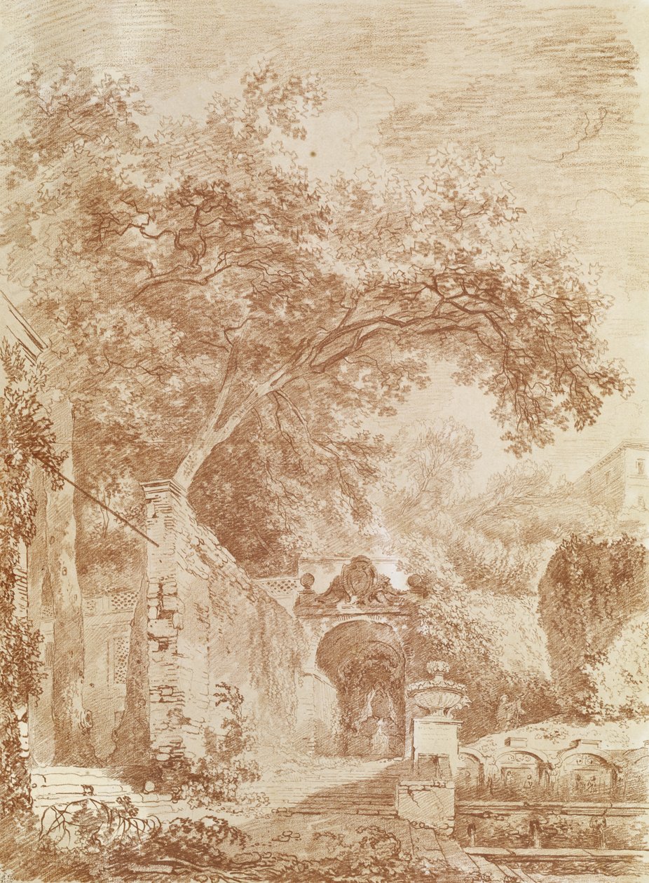 Fontanone, Villa d&39;Este, Tivoli (कागज पर लाल चाक) के लिए प्रवेश द्वारा जीन ऑनर फ्रैगनार्ड
