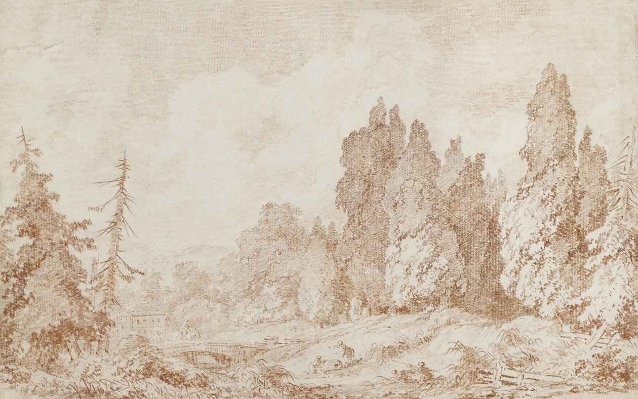 ब्रिज के साथ लैंडस्केप, c.1760 (ऑफ-व्हाइट पेपर पर लाल चाक) द्वारा जीन ऑनर फ्रैगनार्ड