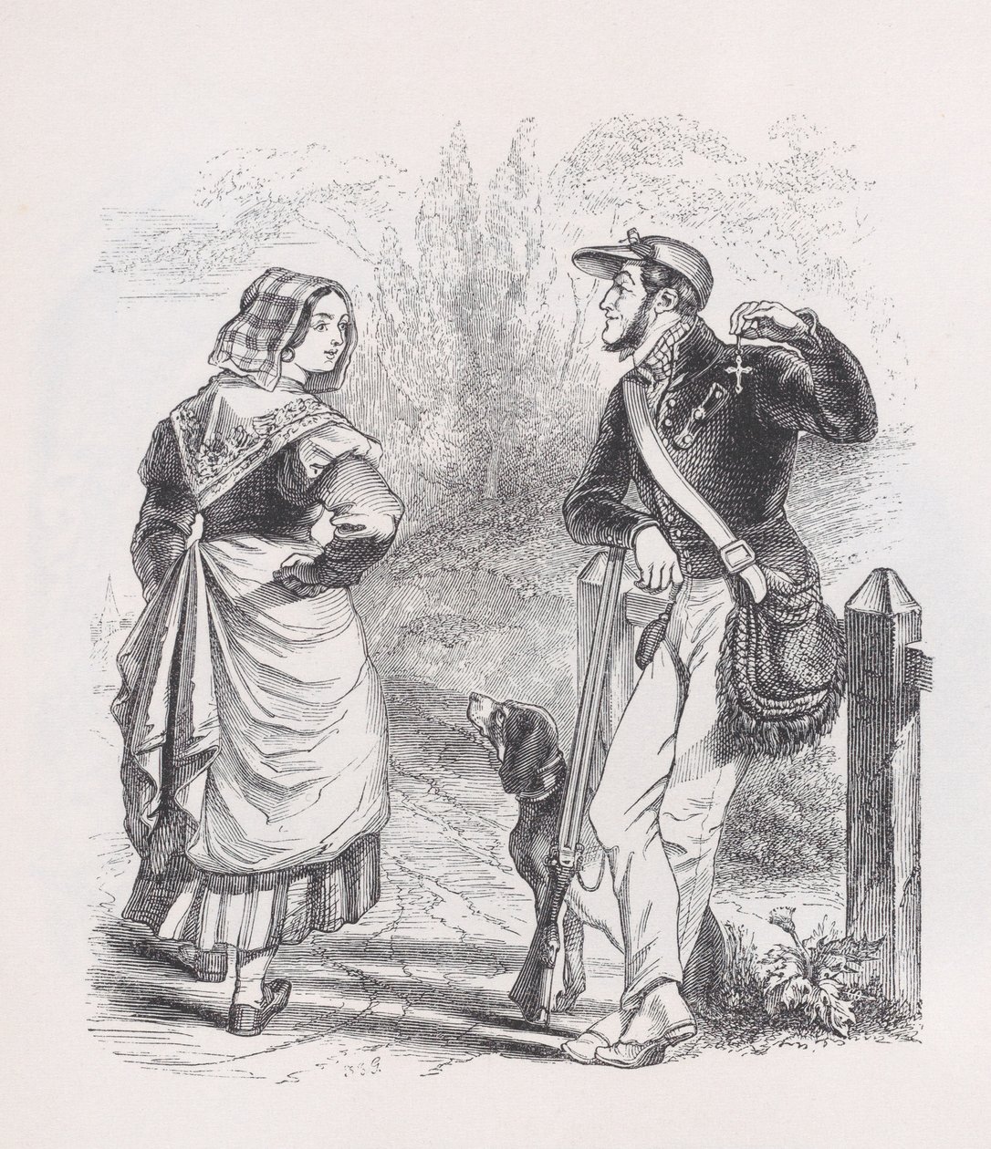 द हंटर एंड द मिल्कमिड फ्रॉम द कम्प्लीट वर्क्स ऑफ़ बेरेंजर, 1836। द्वारा जीन इग्नेस इसिडोर गेयार्ड