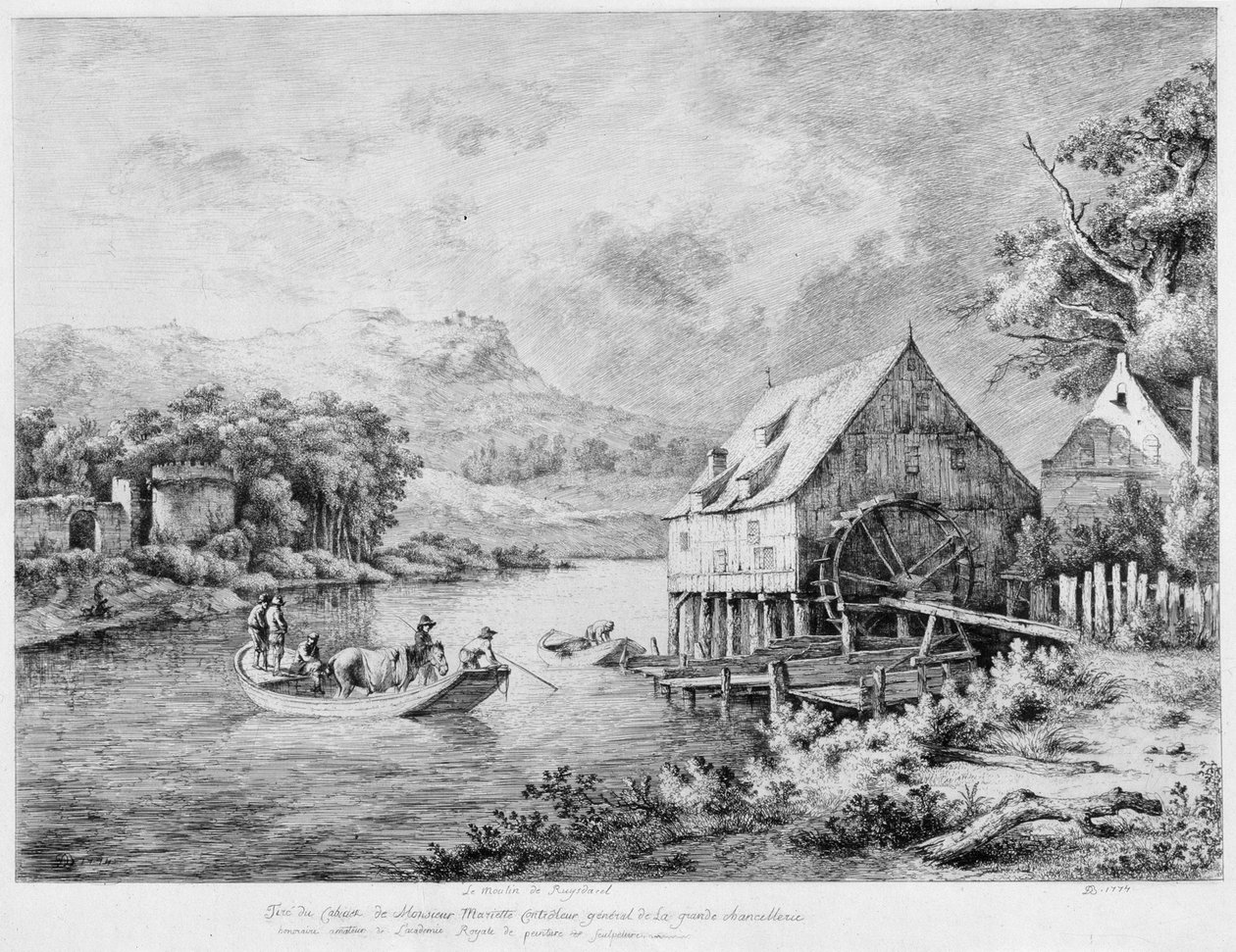 नदी के तट पर एक मिल, 1774। द्वारा जीन जैक्स बोइसियू डी