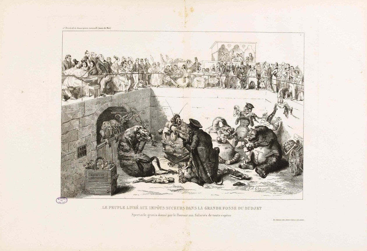 लोगों को पिशाच करों के हवाले कर दिया गया। ला कैरिकेचर से, 1833। द्वारा जीन-जैक्स ग्रैंडविले