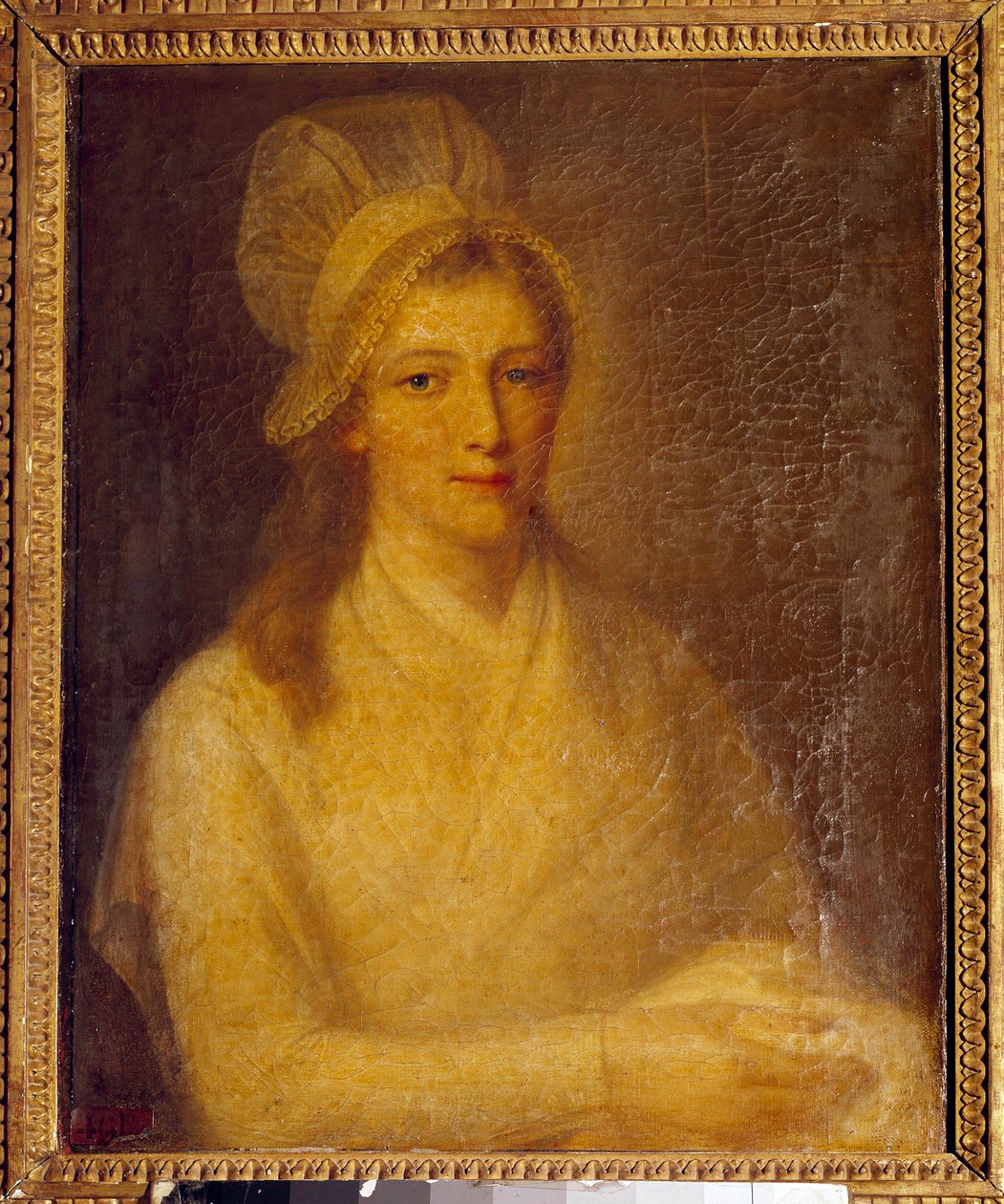 मैरी ऐनी चार्लोट कॉर्डे (1768-1793) का पोर्ट्रेट जीन जैक्स हाउर (1751-1829) 1793 द्वारा पेंटिंग। मंद 0.61 x 0.47 मीटर। वर्साय, शैटॉ संग्रहालय द्वारा जीन जैक्स हाउर