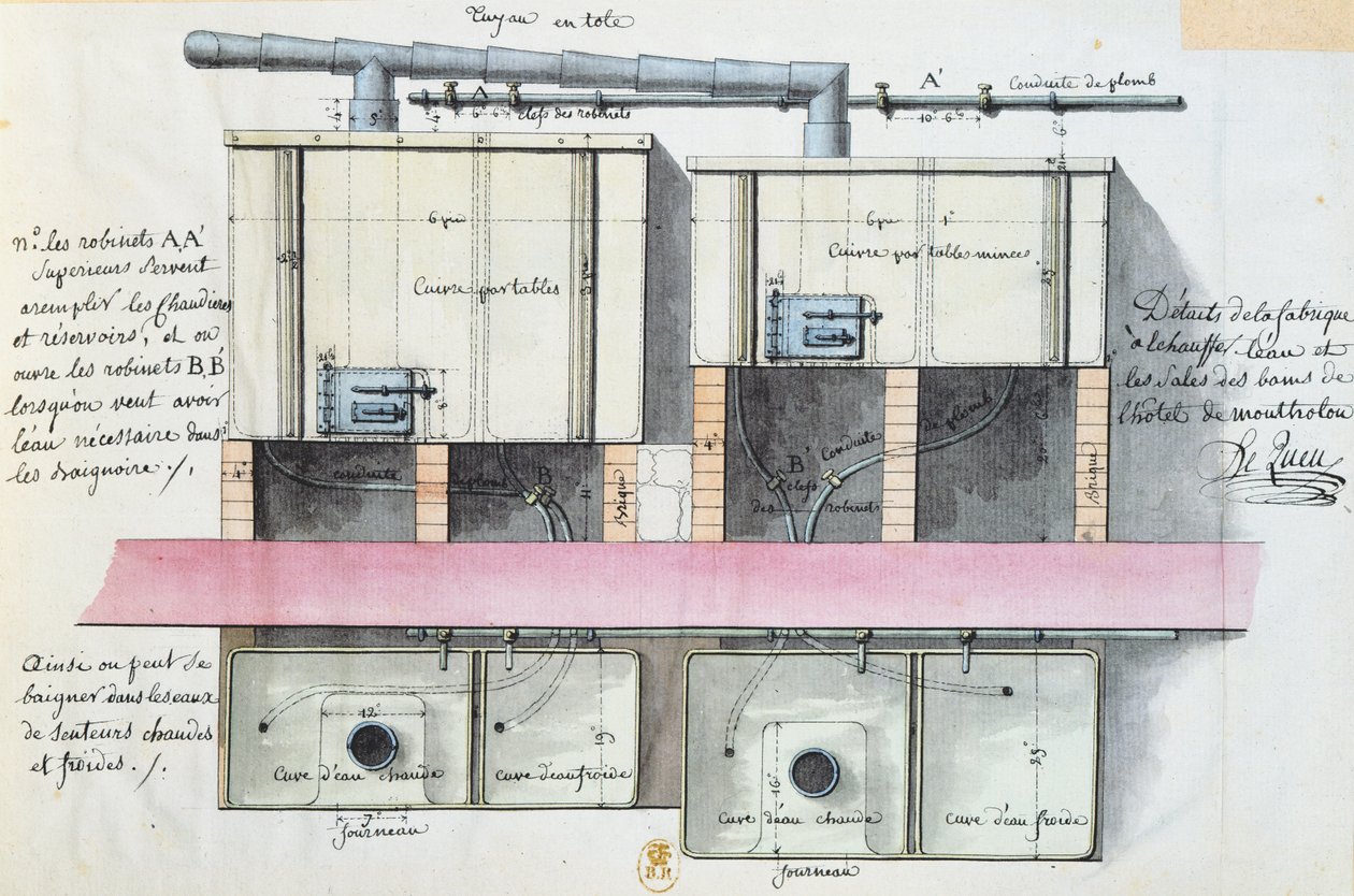 पेरिस में होटल डे मोंगोलन में हीटिंग पानी की प्रणाली के लिए डिजाइन, c.1787 (कागज पर wc) द्वारा जीन जैक्स लेकु