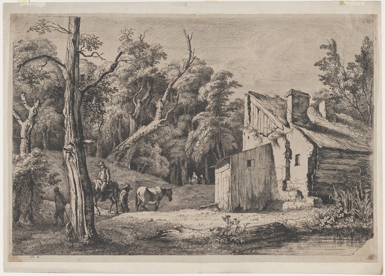 दाहिनी ओर कॉटेज के साथ ब्री के जंगल में प्रवेश, 1772। द्वारा जीन जैक्स डी बोइसियू