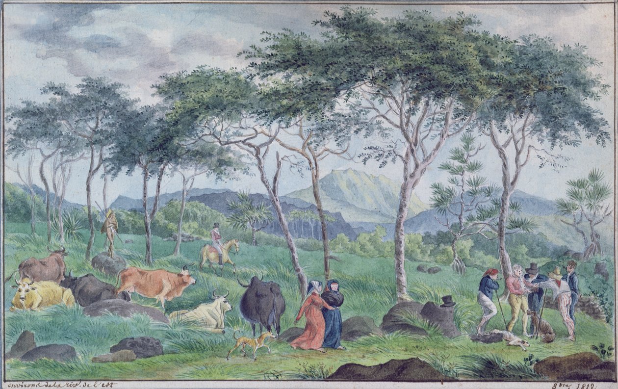 अक्टूबर 1812, इले डे ला रीयूनियन के पूर्व में नदी के पास चरवाहों के साथ पशुओं का झुंड द्वारा जीन जोसेफ पाटू डी रोजमोंट