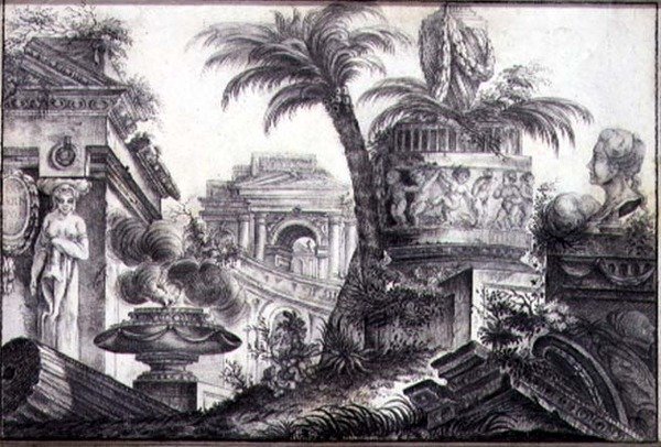 एक वास्तुशिल्प कल्पना, c.1760 (कागज पर लकड़ी का कोयला और पेंसिल) द्वारा जीन लॉरेंट लेगी