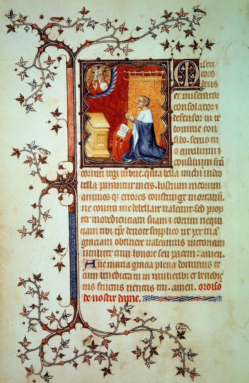 बेरी के ड्यूक जॉन I (1340-1416) ने भगवान के सामने प्रार्थना की, जिन्होंने उन्हें पांडुलिपि से लघु (एमएस। लेट। 18014) "द लिटिल ऑवर्स ऑफ जॉन ऑफ बेरी" से आशीर्वाद दिया, जॉन द ब्लैक द्वारा प्रकाशित, लगभग 1375। पेरिस, बीएन द्वारा जीन ले और वर्कशॉप (attr। To) Noir