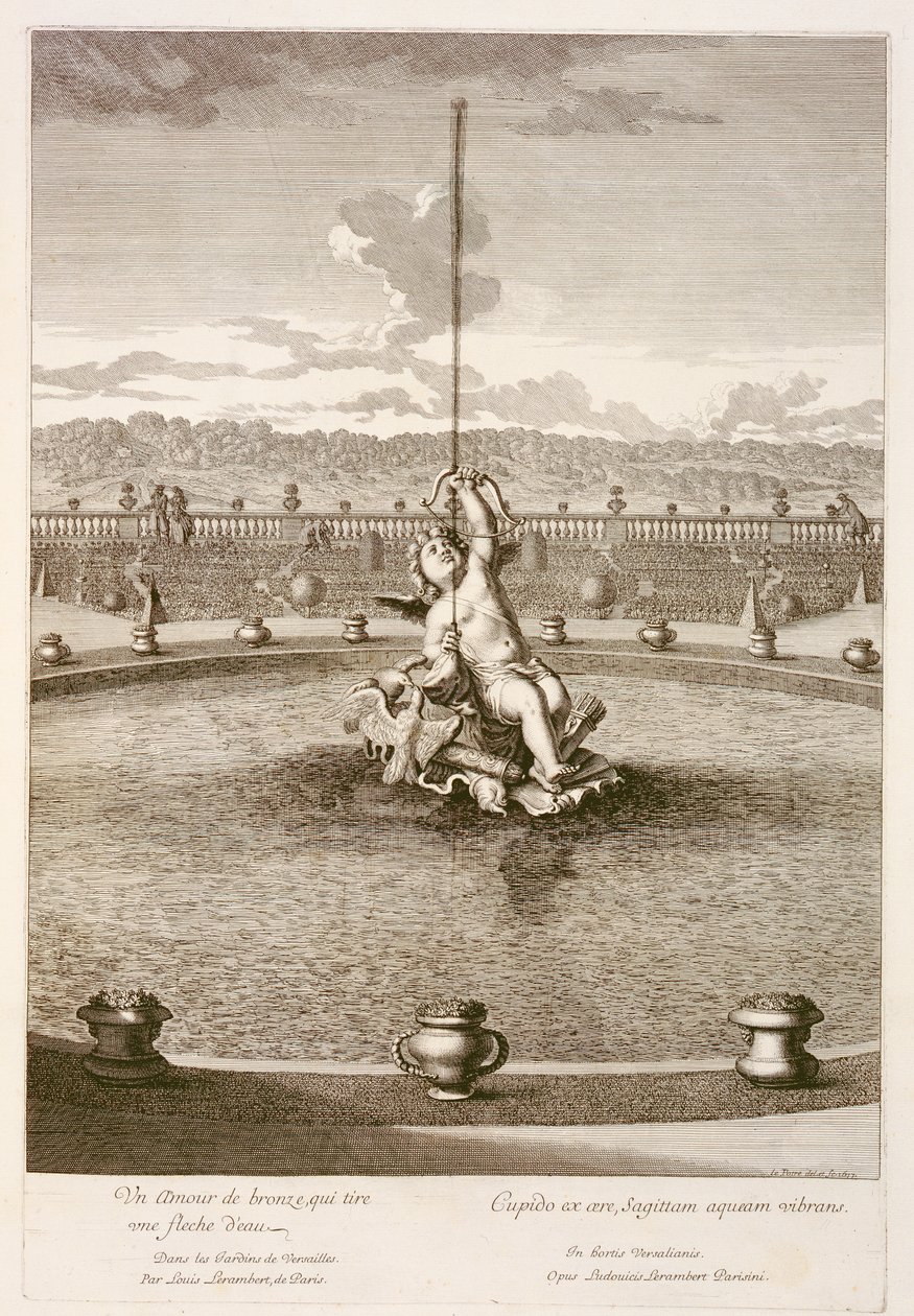 क्यूपिड के साथ फाउंटेन, एक जल जेट तीर, लुइस लेम्बर्ट द्वारा वर्साइल, 1677 में डिजाइन किया गया द्वारा जीन लेपौत्रे