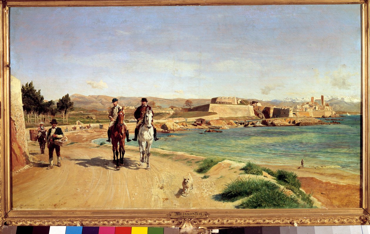 एंटिबीज, घुड़सवारी। कलाकार और उनके बेटे चार्ल्स (1848-1917), चित्रकार। अर्नेस्ट मीसोनियर की पेंटिंग (1815-1891) द्वारा जीन लुइस अर्नेस्ट मीसोनियर