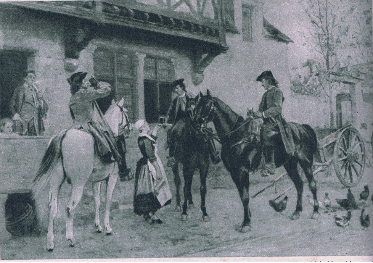 एक सराय में रुकना, प्रसिद्ध लीव्स के कैसल्स रोमांस का चित्रण, c.1940 द्वारा जीन लुइस अर्नेस्ट मीसोनियर