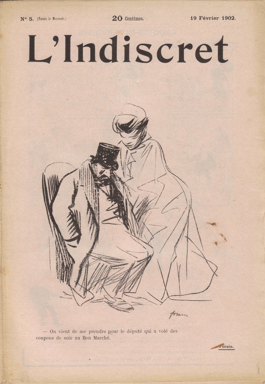 "L'Indiscret" का कवर, B & W . में व्यंग्य द्वारा जीन लुइस फोरैन