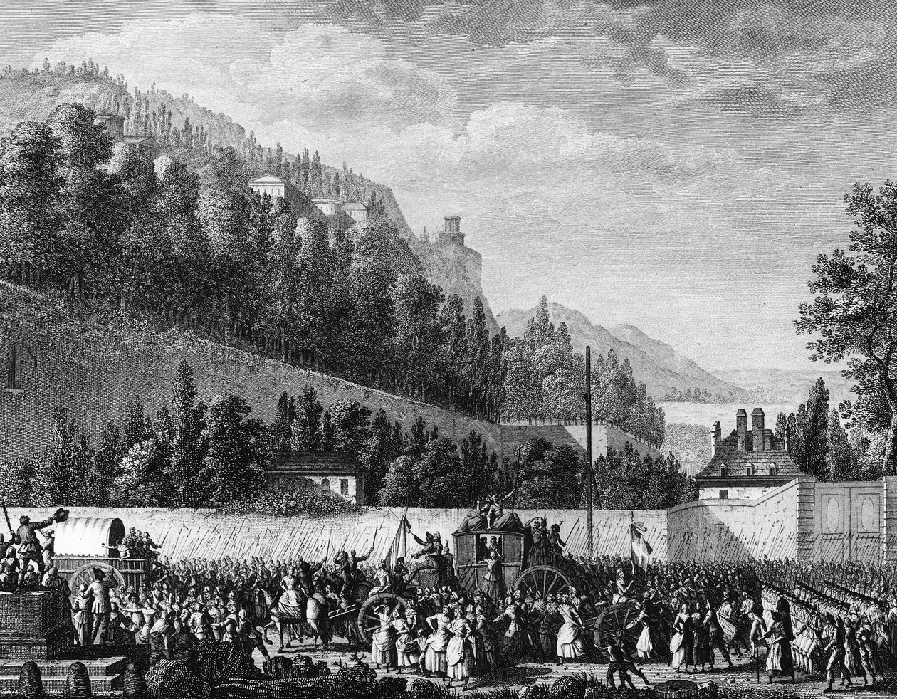 फ्रांसीसी क्रांति: हाले की महिलाएं 5 अक्टूबर को राजा के लिए वर्साय जाती हैं द्वारा जीन लुइस II (बाद में) प्रियर