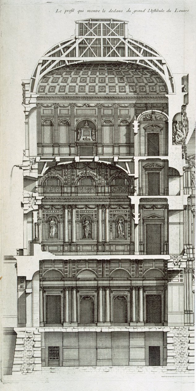 लाव्रे का मुख्य हॉल दिखाते हुए कटअवे, &39;L&39;altecture francoise, ou Recueil des plan etc&39;, vI-V, 1727-28 से द्वारा जीन मैरिएट