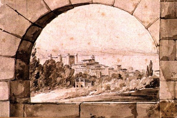 ब्रैकियानो के शहर और झील का दृश्य, c.1810 (कागज पर सेपिया वॉश के साथ कलम और सेपिया स्याही) द्वारा जीन थॉमस थिबॉल्ट