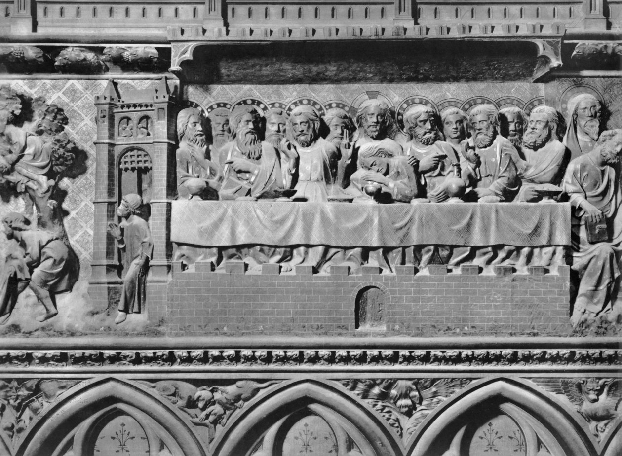 कैथेड्रल, इंटीरियर, गाना बजानेवालों की स्कीन, लास्ट सपर, c.1340-51 (पॉलीक्रोम स्टोन) द्वारा जीन और जीन ले बाउटलियर रेवी