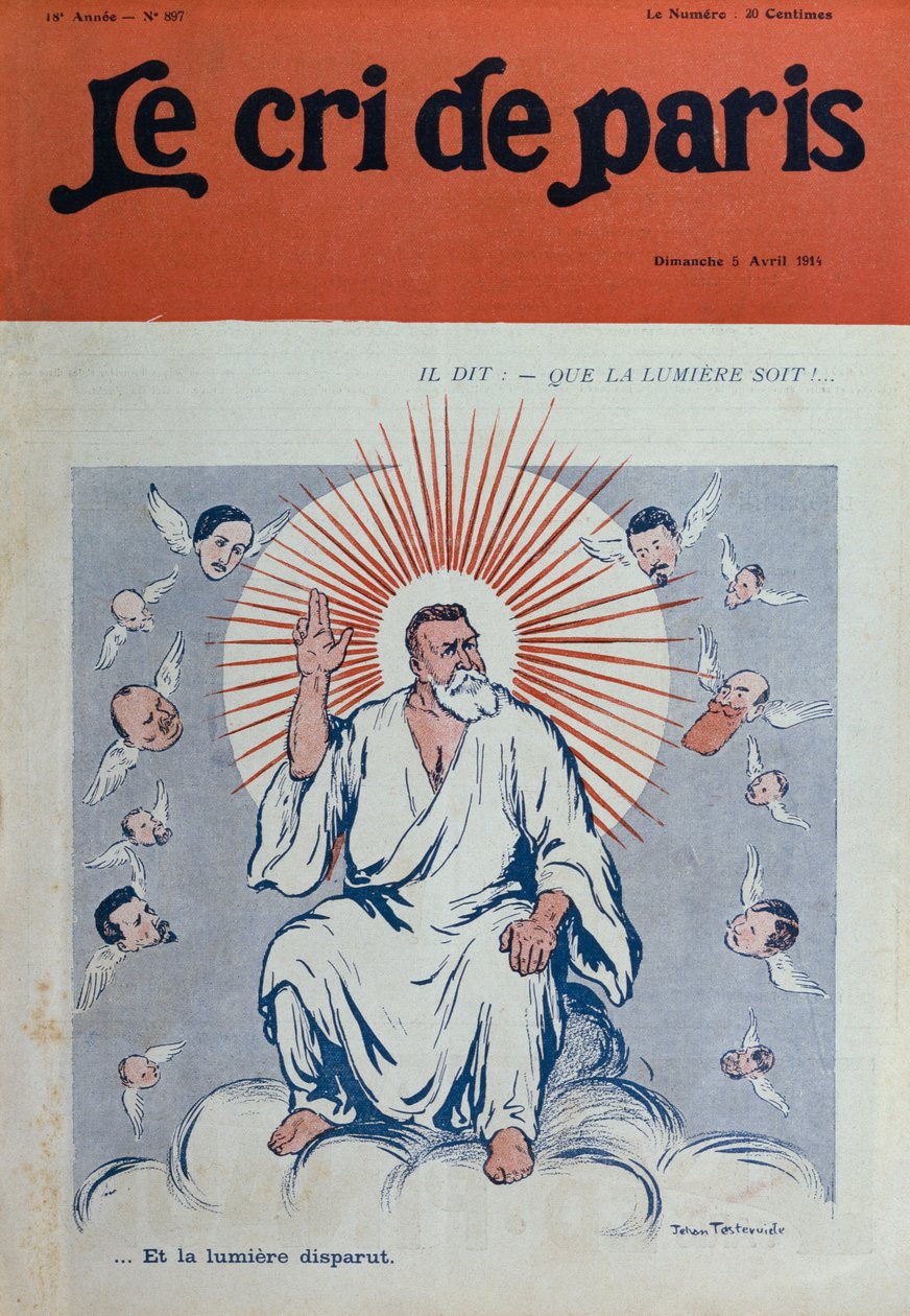 5 अप्रैल 1914 को &39;ले क्रि डे पेरिस&39; से जीन जेयर्स का गॉड फादर के रूप में चित्रण, सामने कवर चित्रण द्वारा जहान टेस्टेव्यूइड