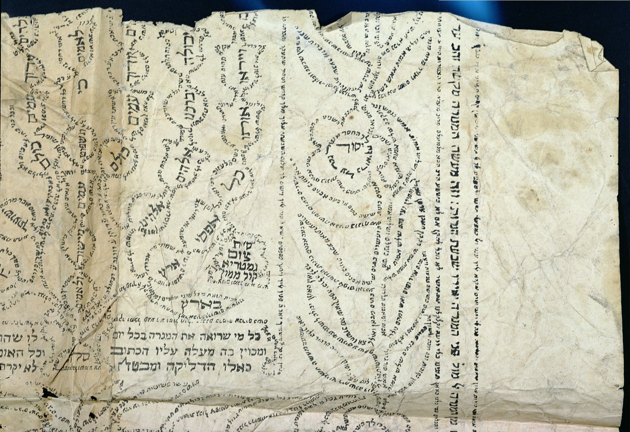एक फूल के रूप में हिब्रू सुलेख (मिस्र के कागज पर स्याही) द्वारा यहूदी स्कूल