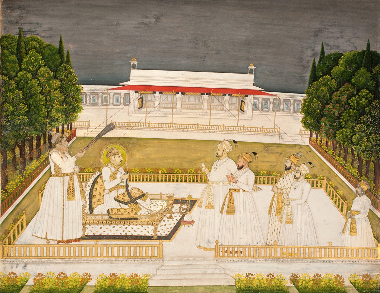 मुहम्मद शाह अपने अधिकारियों के साथ रात में छत पर पहुंचे, c.1735 (कागज पर अपारदर्शी wc und गोल्ड) द्वारा झरोखा निधि मल