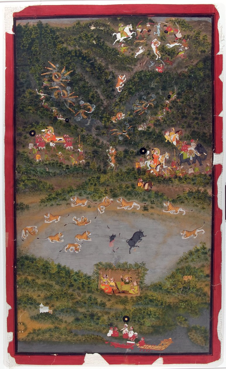 महाराणा जगत सिंह II शिकार बाघ, 1749 (कागज पर अपारदर्शी wc और सोना) द्वारा जीव