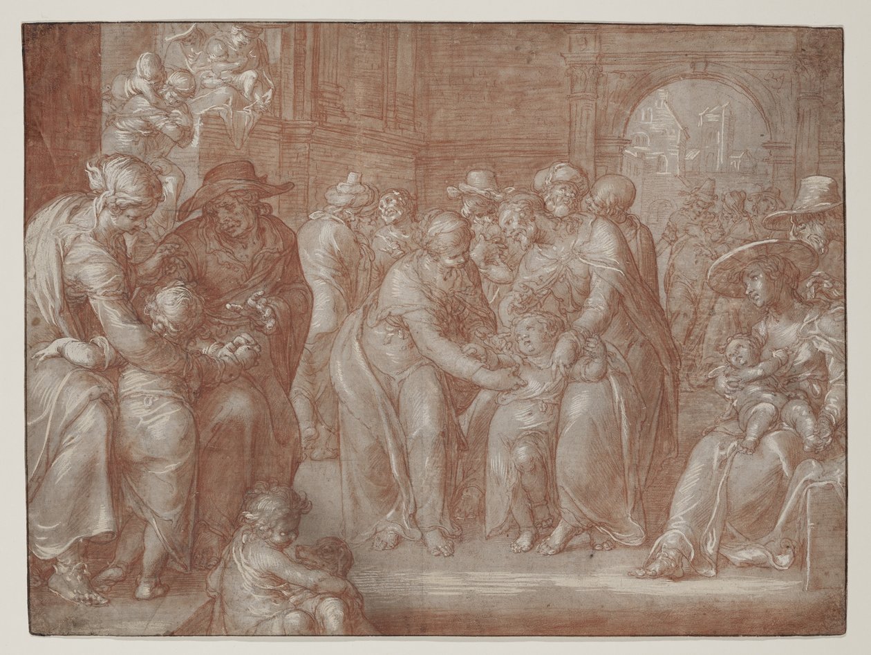 छोटे बच्चों को मेरे पास आने के लिए, c.1621 (काले चाक पर लाल चाक़ू, कंधे से कंधा मिलाकर ऊंचा किया गया द्वारा जोआचिम वेटवेल या उटेवेल