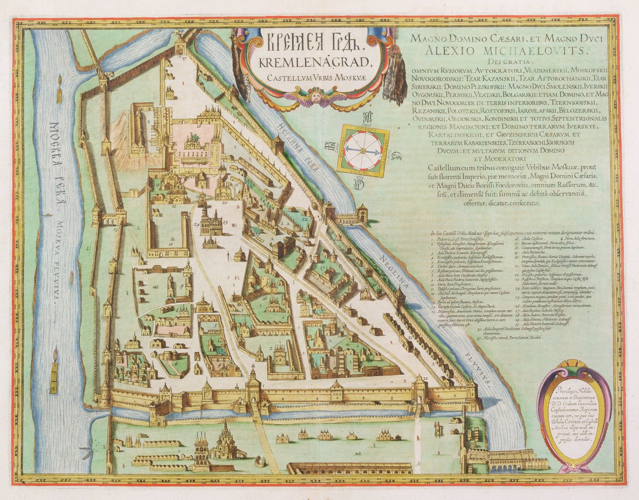 क्रेमलिन, मॉस्को, 1662 (हाथ के रंग का नक़्क़ाशी) दिखाते हुए नक्शा द्वारा जोन ब्लाउ