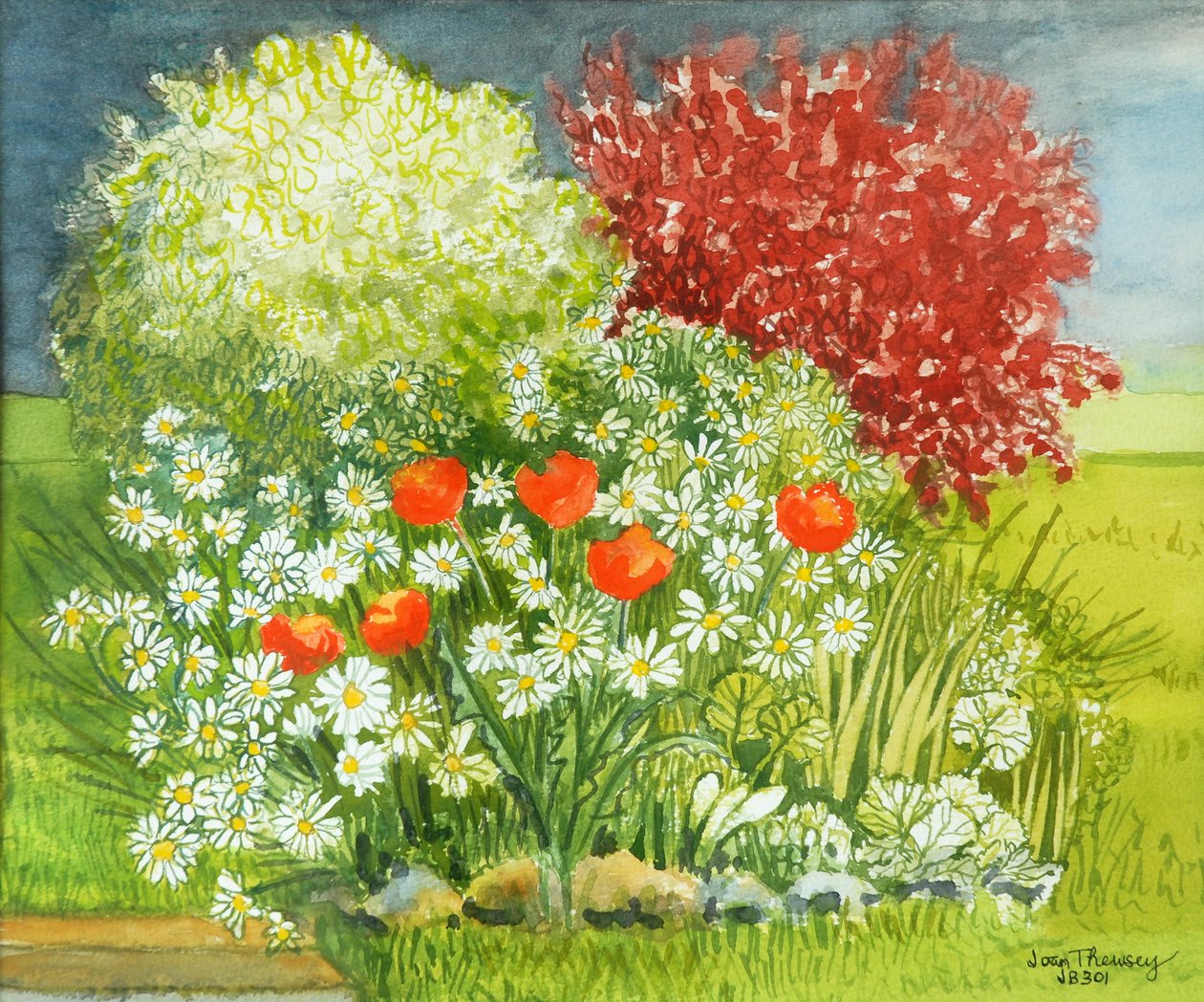 सफोल्क गार्डन, रेन कमिंग, 2011, वाटर कलर द्वारा जोन थेवेसी