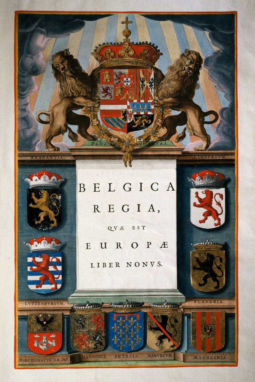 Belgica Regia quae est Europae (बेल्जियम), पुस्तक IX, शीर्षक पृष्ठ खंड IV, एटलस मायर, जोआन ब्लैउ द्वारा (1596-1673), तांबे की नक्काशी, 57.5x39 सेमी, एम्स्टर्डम द्वारा जोन ब्लाउ