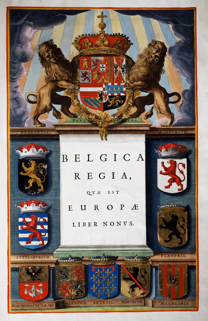 Belgica Regua quae est Europae, Book IX, खंड IV का शीर्षक पृष्ठ, एटलस मायर से, एटलस 11 खंडों में, जोआन ब्लाउ द्वारा (1596-1673), तांबे की नक्काशी, 57.5x39 सेमी, एम्स्टर्डम द्वारा जोन ब्लाउ