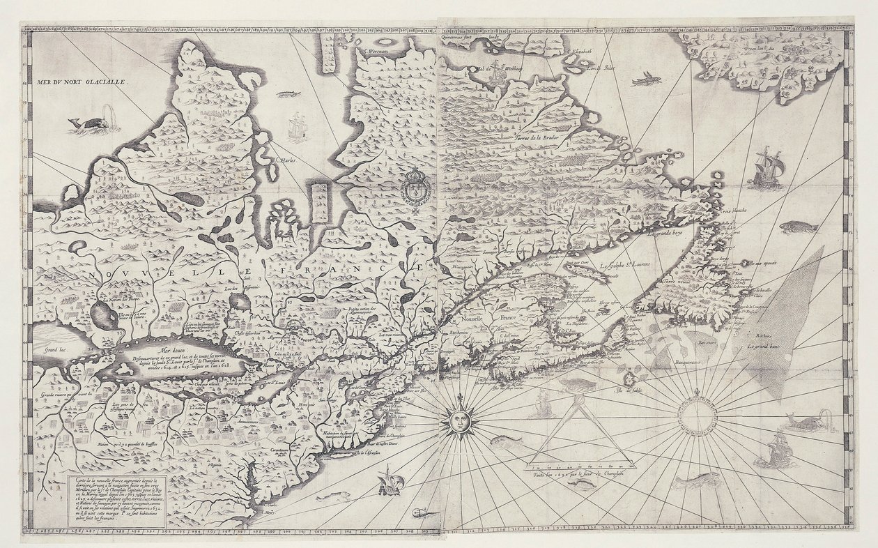 कनाडा का नक्शा, सैमुअल डी शैम्प्लेन द्वारा सर्वेक्षण से उकेरा गया द्वारा जोन ब्लाउ