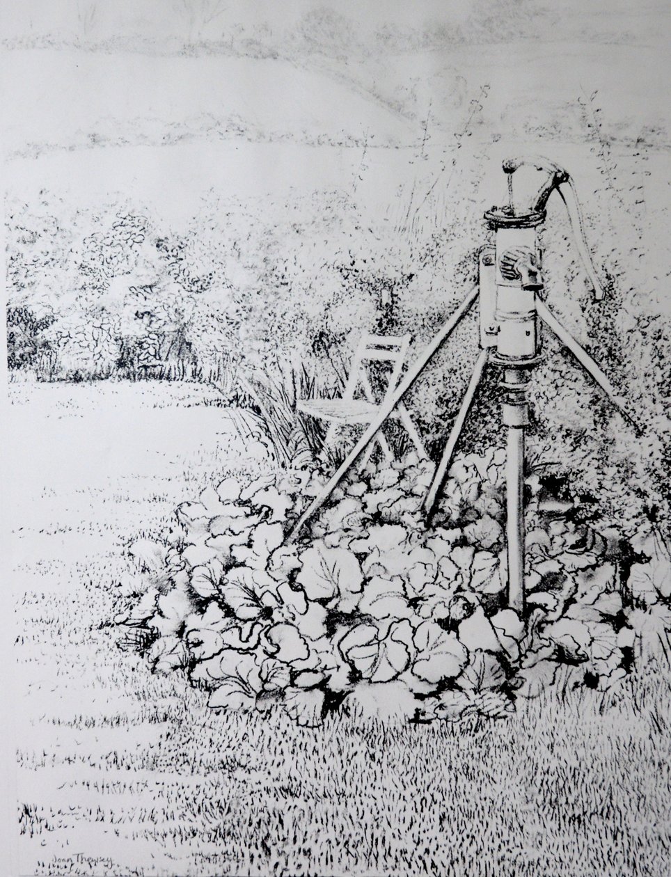 द गार्डन पंप, 1973 (लकड़ी का कोयला) द्वारा जोन थेवेसी