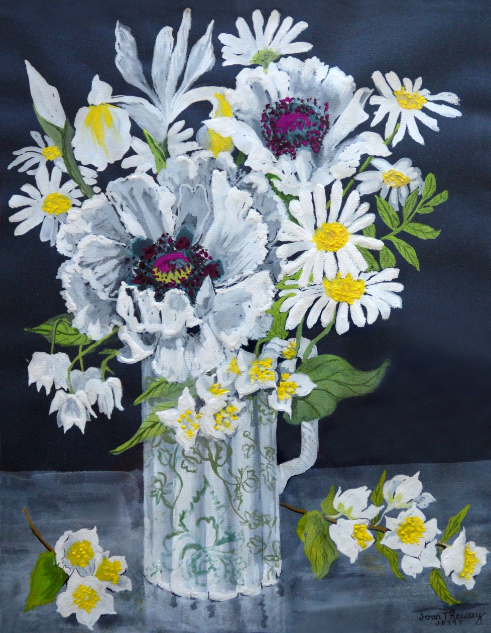 सफेद खसखस, Marguerites और फिलाडेल्फ़स, (gouache) द्वारा जोन थेवेसी